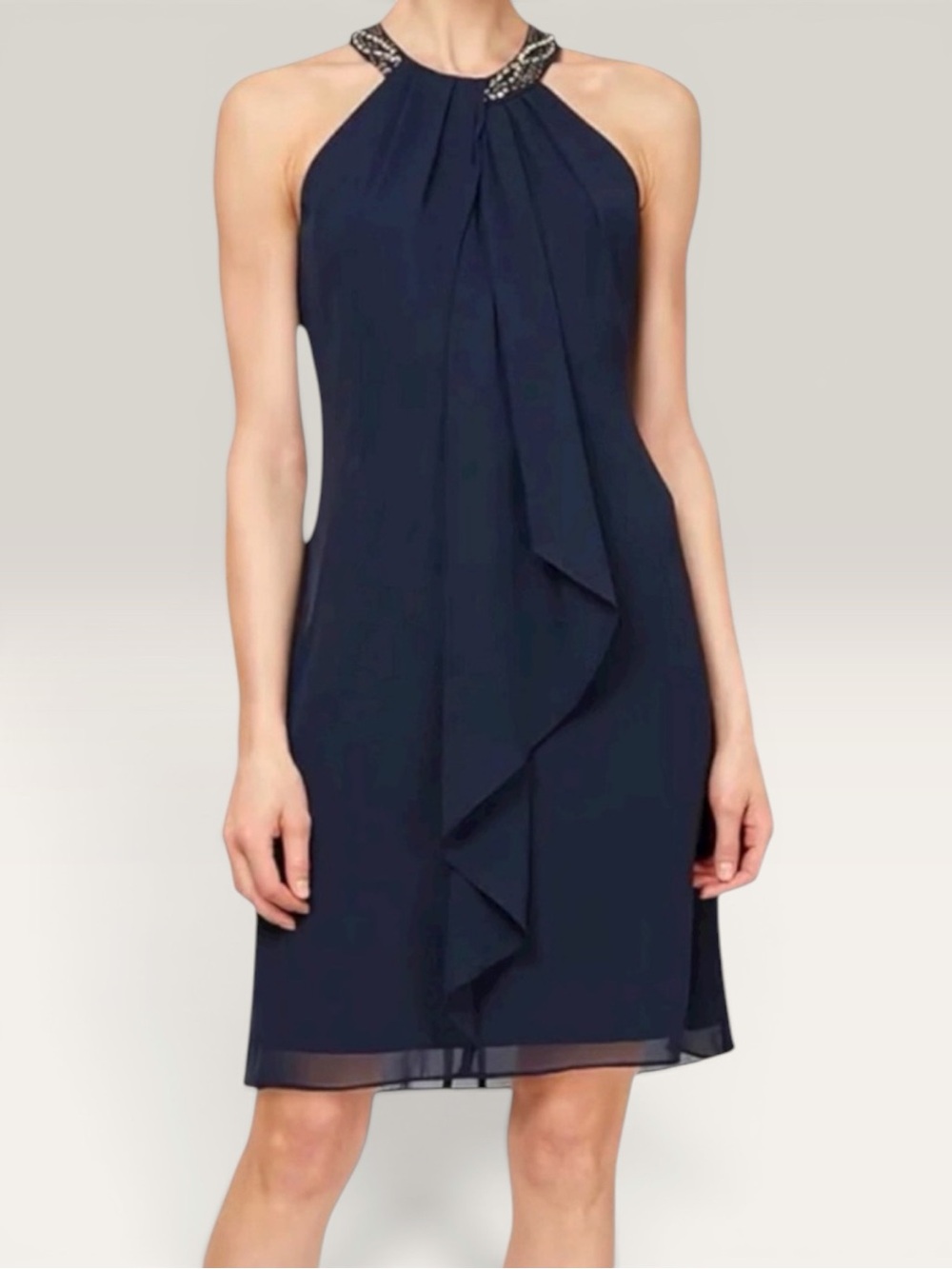 SLNY Navy Sheath Dress Jewel Neckline Embellished Cocktail New